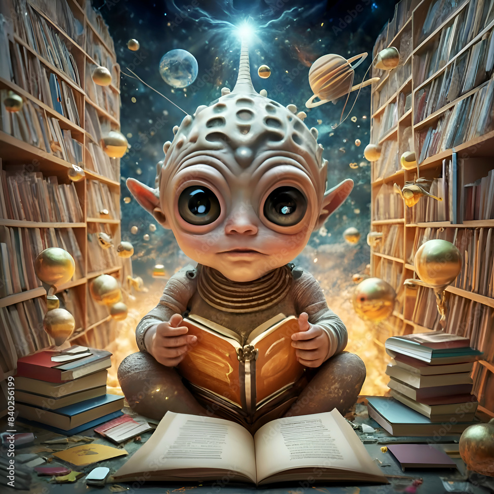 cute alien baby have learning, reading books in library. Digital artwork. Ai generated cute alien baby have learning, reading books in library. Digital artwork. Ai generated