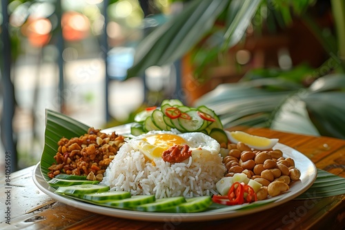 A plate of Nasi Lemak on banana leaves with fried egg photo