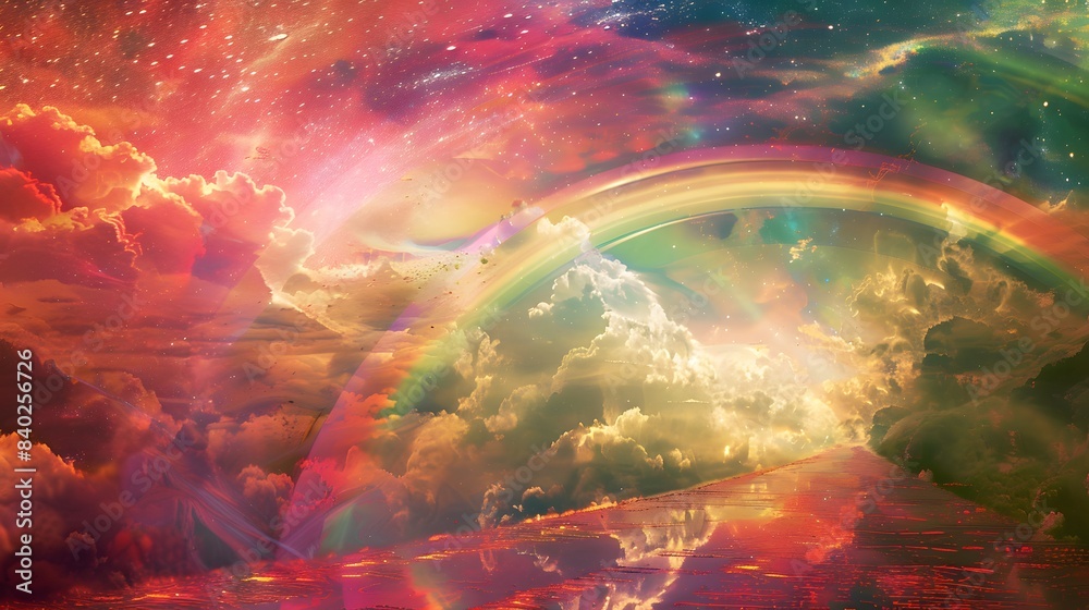 A colorful rainbow is seen in the sky above a road. The sky is filled with clouds and stars, creating a dreamy and whimsical atmosphere