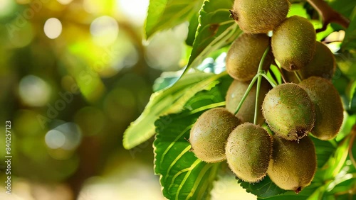Cluster of kiwifruits hanging on vine with leaves in natural setting photo