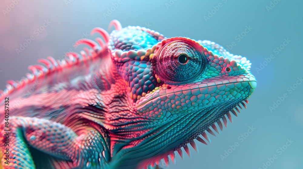 Obraz premium A colorful chameleon with a green head and a blue tail. The image is a colorful and vibrant representation of the chameleon