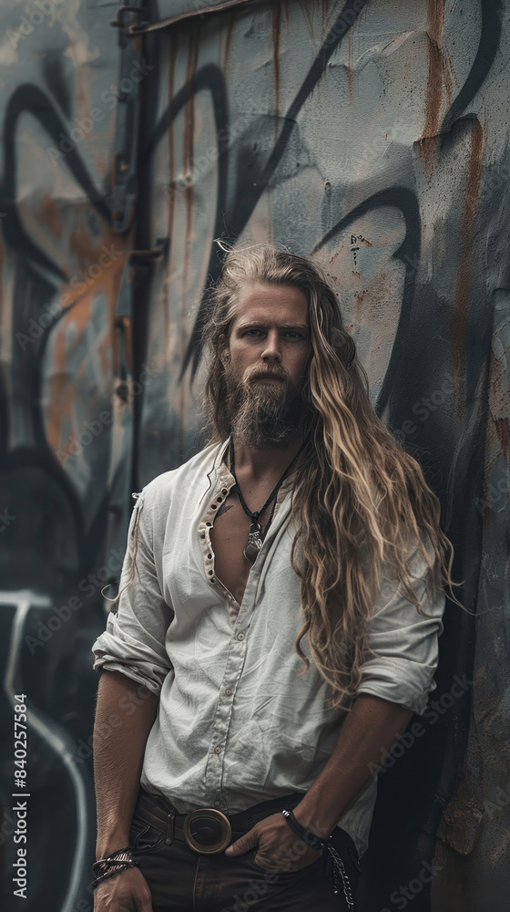 Naklejka premium Viking Man with Long Hair, Modern days Viking, A way of life, call of the wild, A new kind of beauty.