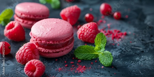 close shot, Pink Macaroon Macaron with raspberry fruit, fresh mint scattered on dark background