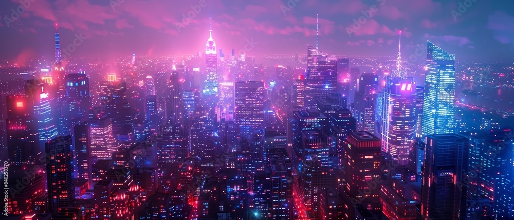 Fototapeta premium Vibrant Neon Cityscape at Night with Skyscrapers and Illuminated Buildings in a Futuristic Urban Landscape