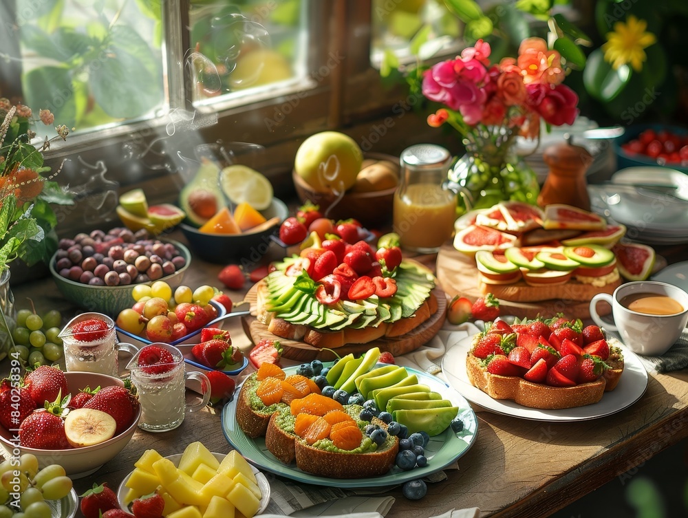 Vibrant Breakfast Spread with Fresh Fruits, Juices, and Pastries on a Sunlit Table by a Window with Flowers and Greenery in the Background Vibrant Breakfast Spread with Fresh Fruits, Juices, and Pastries on a Sunlit Table by a Window with Flowers and Greenery in the Background