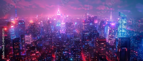 Vibrant Neon Cityscape at Night with Skyscrapers and Illuminated Buildings in a Futuristic Urban Landscape