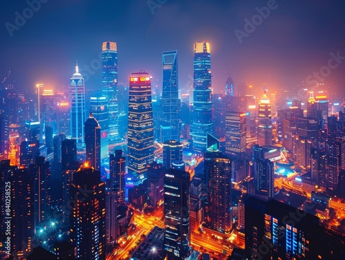 Vibrant Night Cityscape with Illuminated Skyscrapers and Neon Lights in a Modern Urban Setting