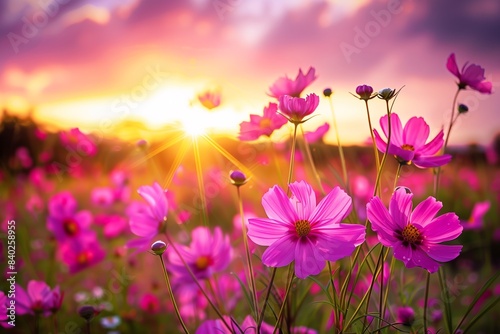 Vibrant pink cosmos flowers bloom in a field bathed in warm sunset light