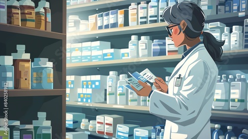 A pharmacist preparing prescriptions in a tidy and organized pharmacy, highlighting the importance of medication management and health photo