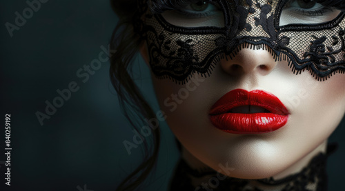 A closeup of the woman's face, with her eyes hidden behind an elegant black lace mask and red lipstick on her full lips
