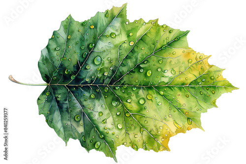 Detailed watercolor painting of a green leaf with dew drops. Perfect for nature, botanical,  isolated on transparent background