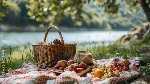 A picnic basket sits on a checkered blanket by a lake, filled with fresh fruit, summer vacation. © Muhammad