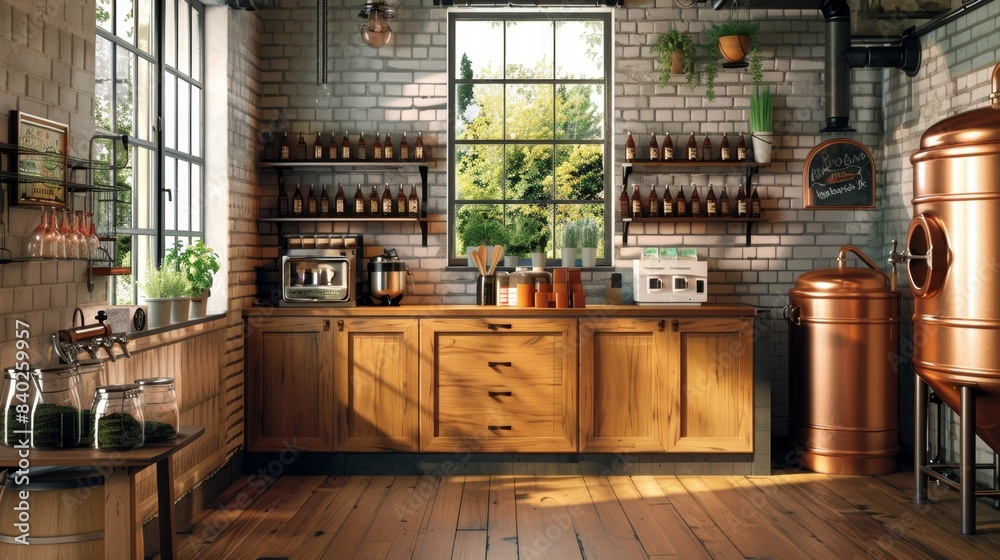 Fototapeta premium Artisanal Homebrewing Custom Labels Fresh Hops and Business Cards in a Cozy Kitchen