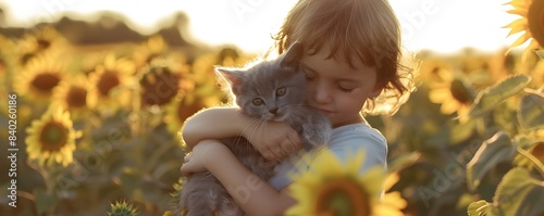 Child Embracing Furry Kitte...