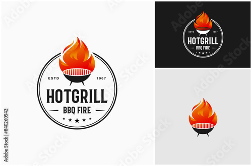 Grill Pan BBQ Barbecue Steak Hot Fire Flame Cooking Circle Badge Vector Logo Design Illustration