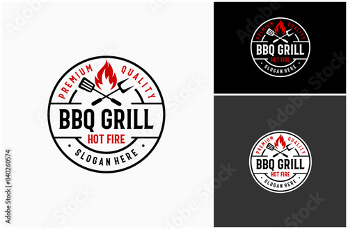 Grill BBQ Barbecue Hot Fire Flame Spatula Fork Stamp Badge Vintage Vector Logo Design Illustration