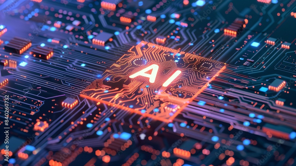 A glowing AI symbol at the center of a complex circuit board, illustrating the integration of artificial intelligence with electronic hardware. A glowing AI symbol at the center of a complex circuit board, illustrating the integration of artificial intelligence with electronic hardware.