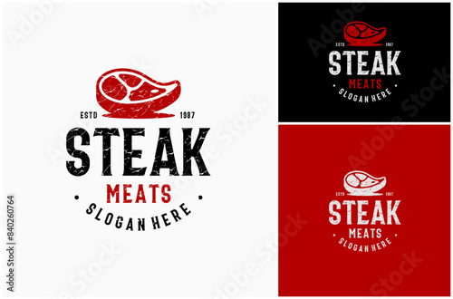 Steak Meat Beef Butcher Steakhouse Butchery Hipster Rustic Vintage Vector Logo Design Illustration