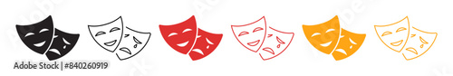 Colorful masquerade vector icon set. Comedy and tragedy mask symbol. Happy and sad mask symbol.