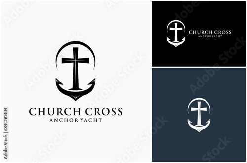 Church Cross Christ Faith God Worship Nautical Anchor Ship Vessel Vector Logo Design Illustration