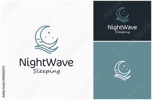 Sleep Bedtime Night Dream Crescent Moon Ocean Wave Calm Line Art Vector Logo Design Illustration