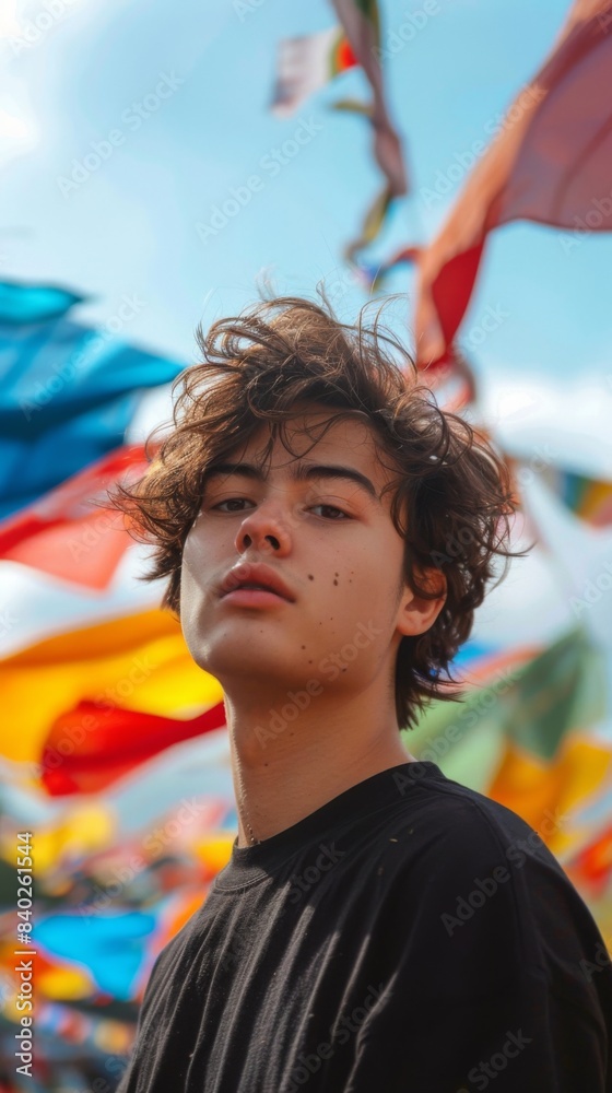Young man with colorful flags in the background Generative AI image Young man with colorful flags in the background Generative AI image