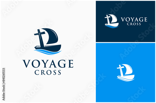Sailboat Sailing Boat Voyage Wave Cross Jesus Christ Church Worship Vector Logo Design Illustration