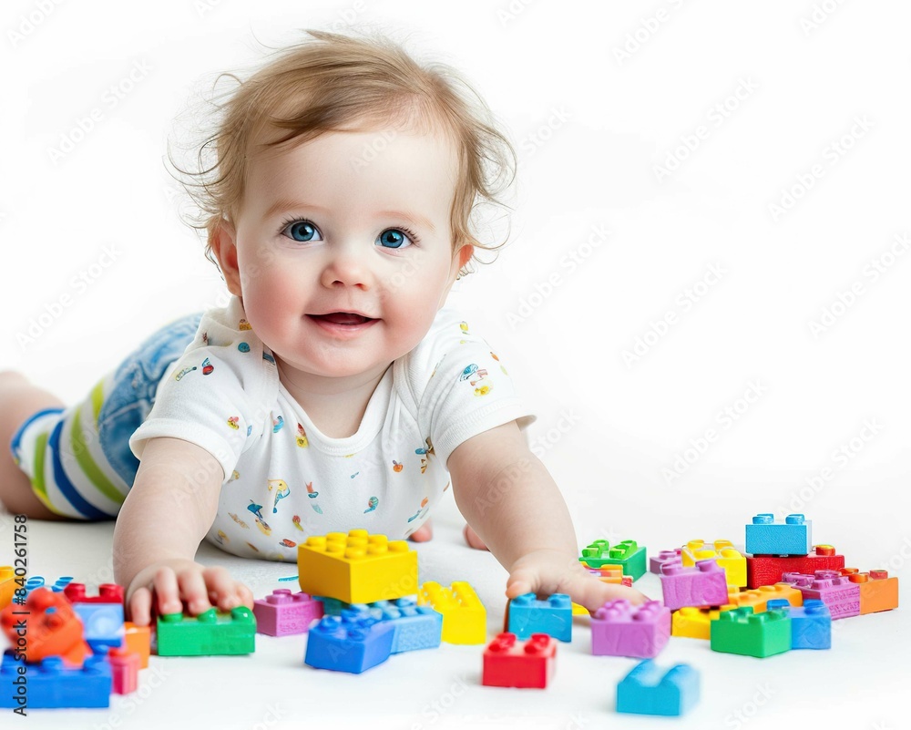 Baby playing with blocks, isolated on white 