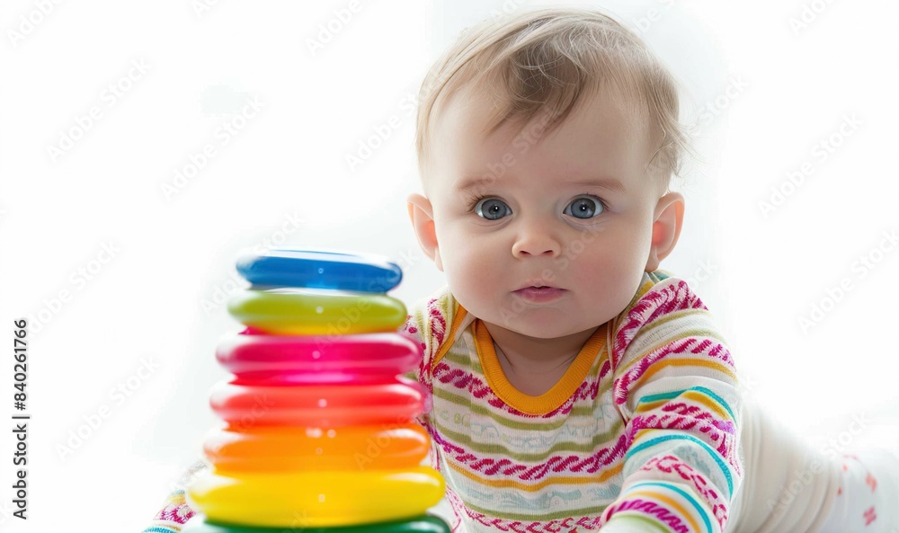 baby with colorful ring toys, isolated on white baby with colorful ring toys, isolated on white