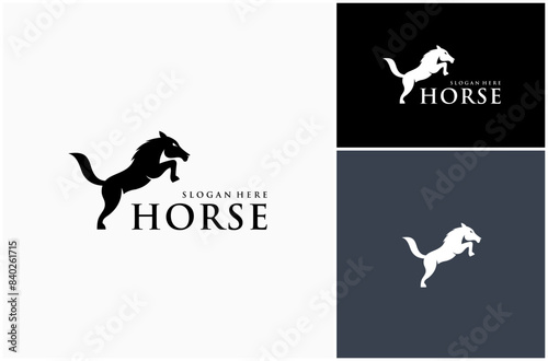 Jumping Horse Stallion Equine Equestrian Gallop Silhouette Vector Logo Design Illustration