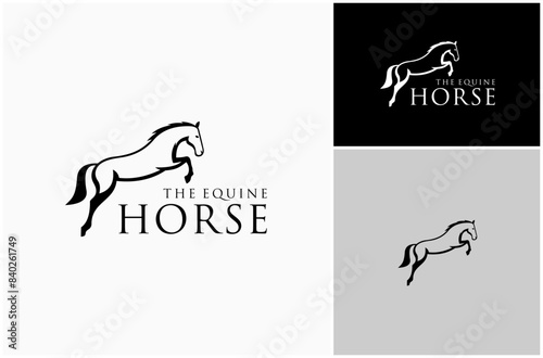 Jumping Horse Equine Equestrian Gallop Outline Silhouette Vector Logo Design Illustration