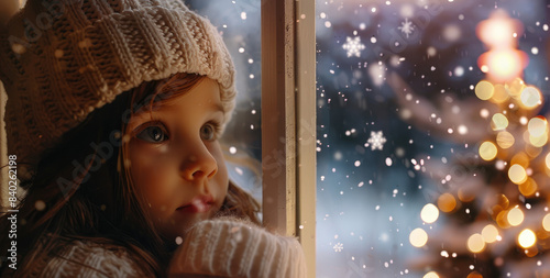 A little girl wearing winter looks out the window at night, with snow falling outside and Christmas trees in front of her house.