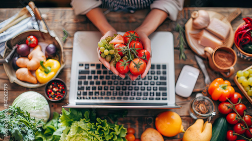 Healthy food. Top view of young woman holding fresh vegetables and using laptop while standing in the kitchen
