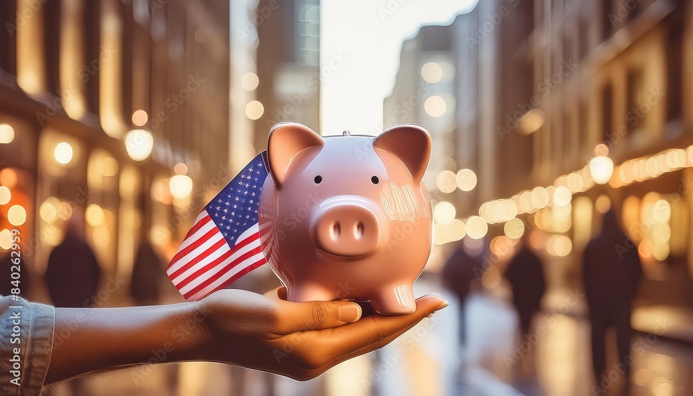 Obraz premium Patriotic Piggy Bank in Urban Setting