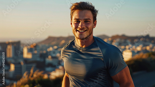 Golden hour portrait of a smiling, athletic young man with a cityscape in the background