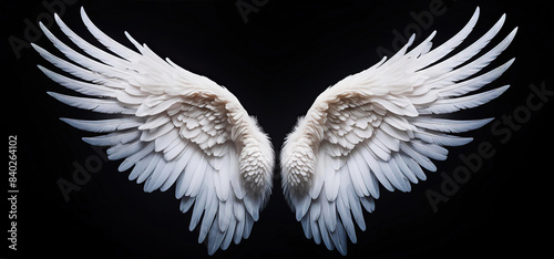 Majestic White Angel Wings on Black Background photo
