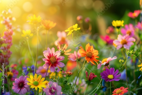 Vibrant wildflowers bathed in warm summer light