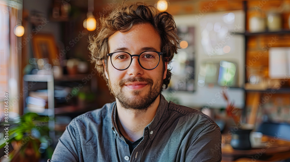Obraz premium Portrait of handsome man with curly hair looking at camera in cafe