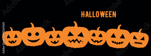 halloween stencil, line of pumpkin lanterns, carved pumpkins in a row, vector decorative element