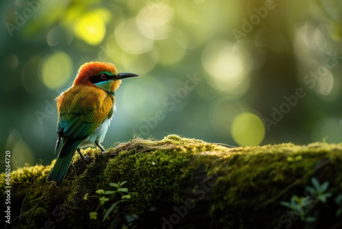 Colorful Bird Perched on a Mossy Branch photo