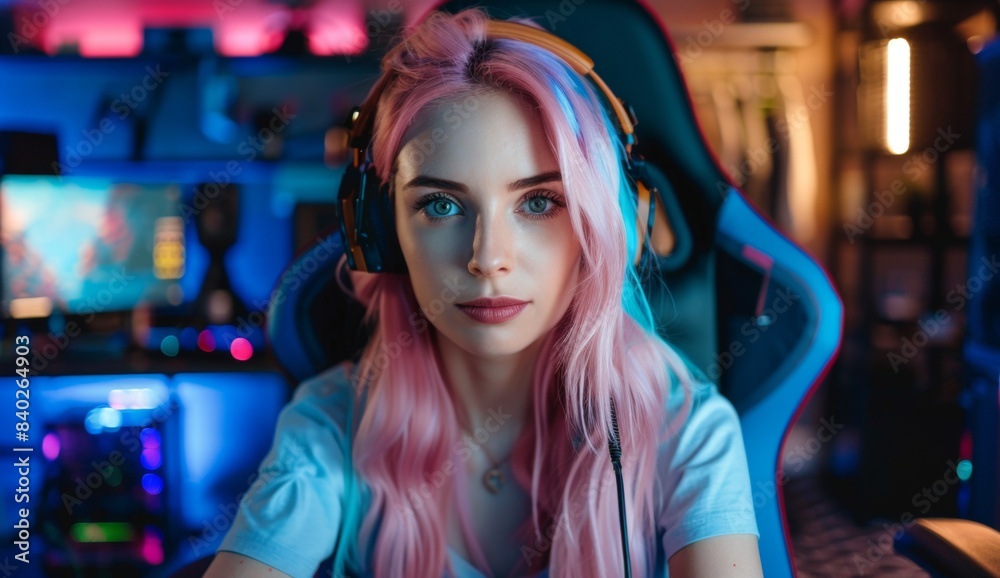A beautiful pink hair gamer girl wearing headphones sitting in front of her gaming setup A beautiful pink hair gamer girl wearing headphones sitting in front of her gaming setup
