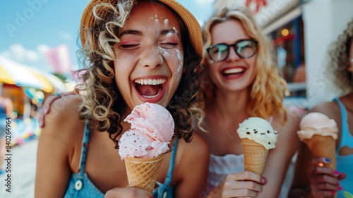 A group of happy friends enjoying ice cream cones outdoors, laughing and having fun on a sunny day. photo