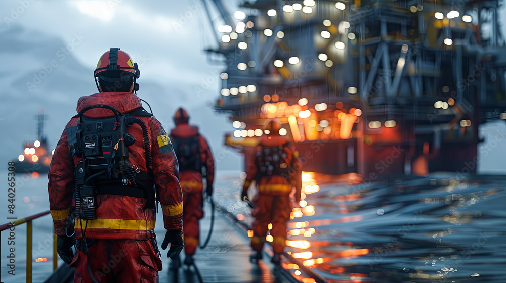 Obraz premium Firefighters on the background of oil and gas production platform in the evening.
