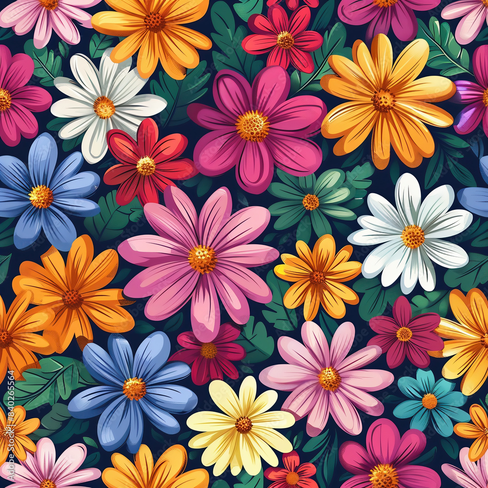 Colourful flowers in the style of flat vector seamless pattern, colourful daisies and chrysanthemums on a dark background, Colourful flowers in the style of flat vector seamless pattern, colourful daisies and chrysanthemums on a dark background,