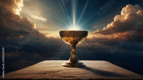 Eucharist. The table represents the Lord's Supper, with the host and sacred chalice in the heavens. digital illustration photo