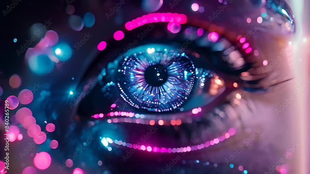 woman eye with glowing iris and futuristic technology. Abstract beauty in optical design. Blue color closeup of eyeball, lashes and makeup. Beautiful vision in fantasy background.