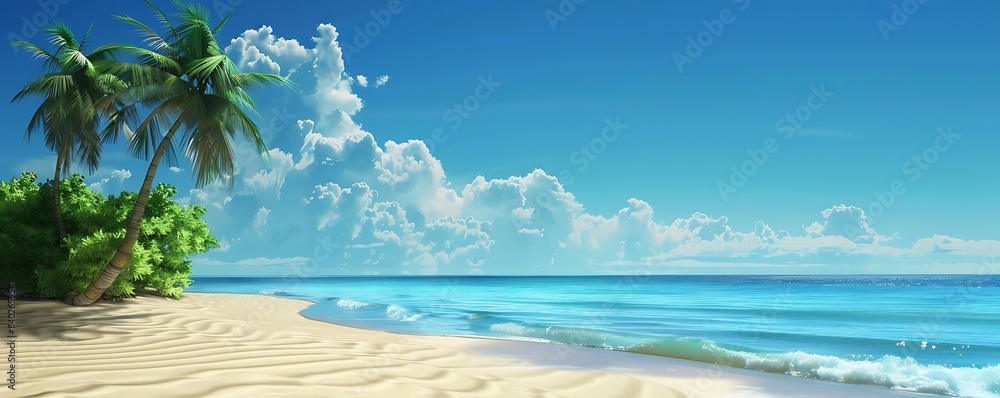 a serene beach scene with a blue sky and white clouds, framed by a lush green tree