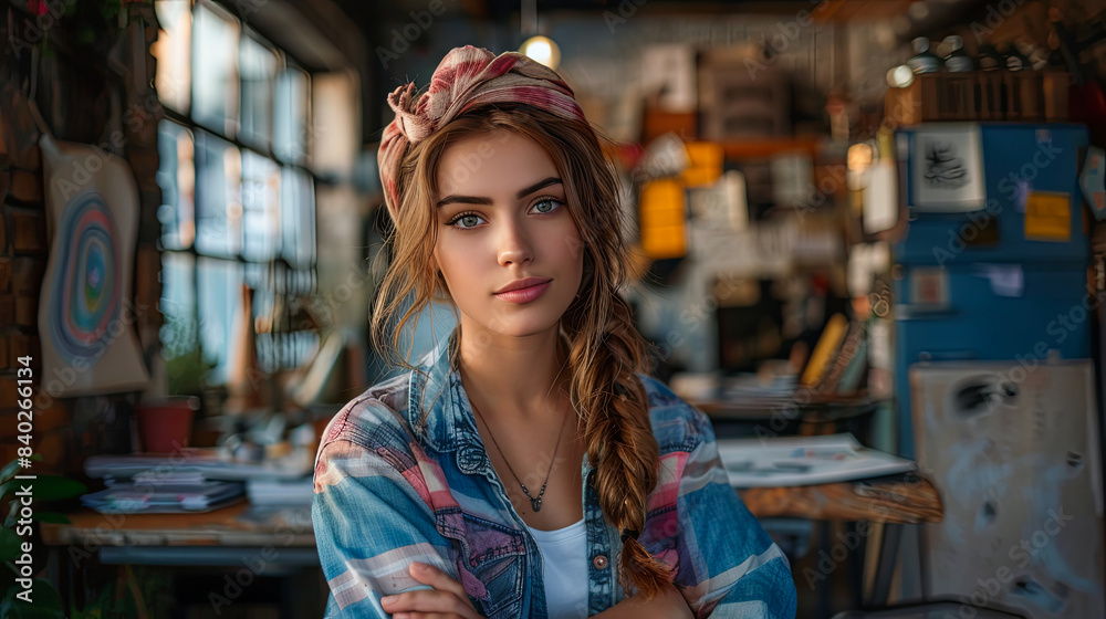Portrait of a beautiful girl with braided hair in a cafe Portrait of a beautiful girl with braided hair in a cafe