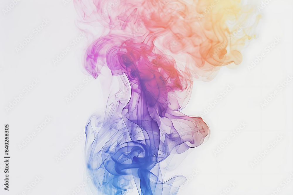 A mesmerizing display of colored smoke swirling gracefully against a pristine white background, creating a captivating visual effect.