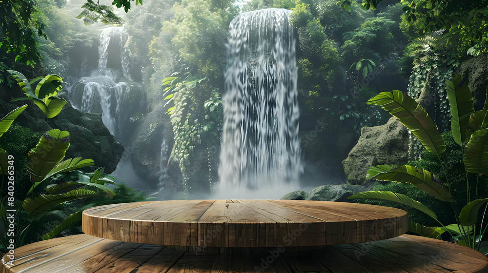 empty brown wooden podium on evergreen rain forest background with large waterfalls behind Natural water product present placement pedestal counter display empty brown wooden podium on evergreen rain forest background with large waterfalls behind Natural water product present placement pedestal counter display